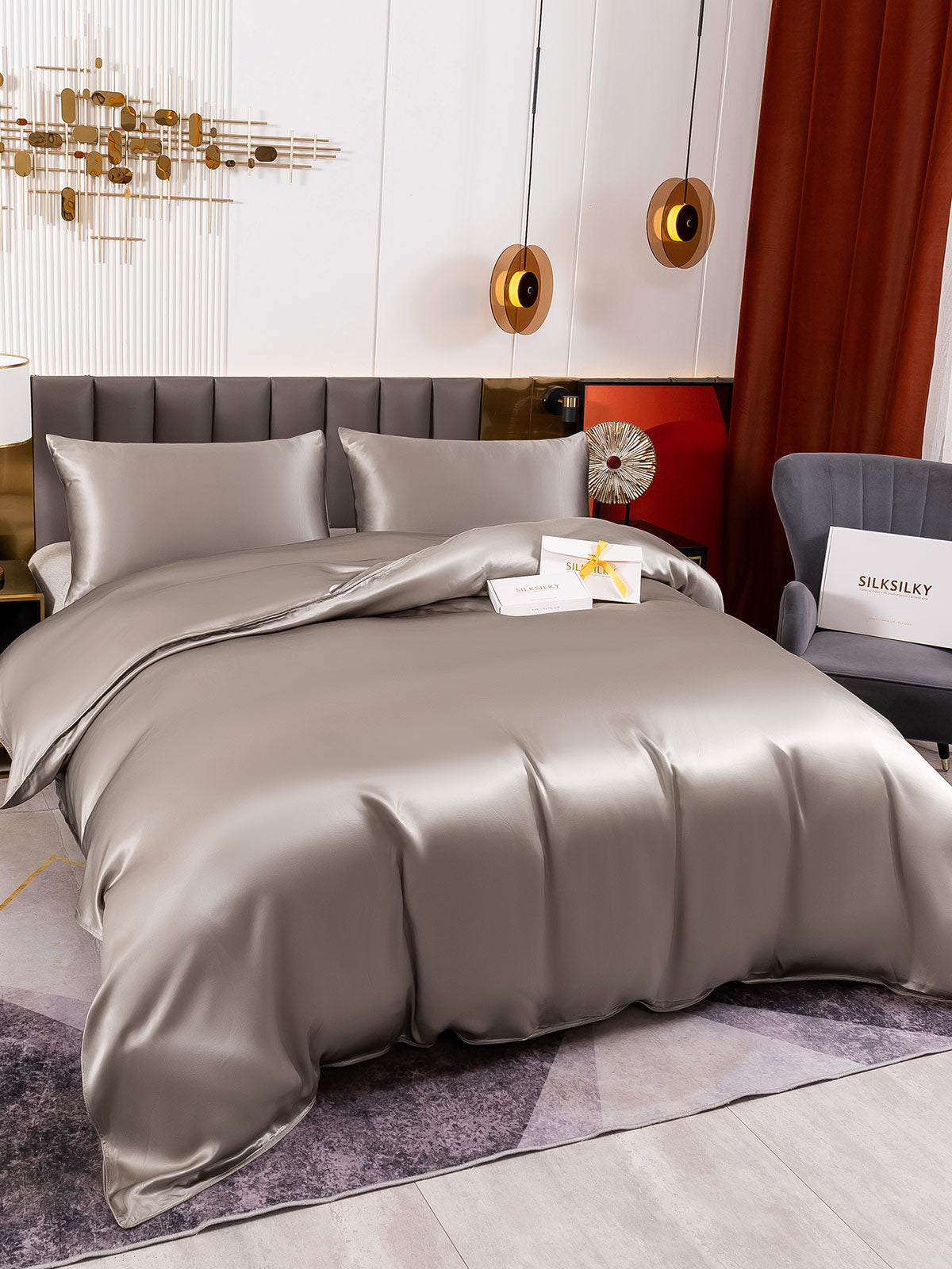 [Grå] SilkSilky-NO 19Momme Bedding Set 003