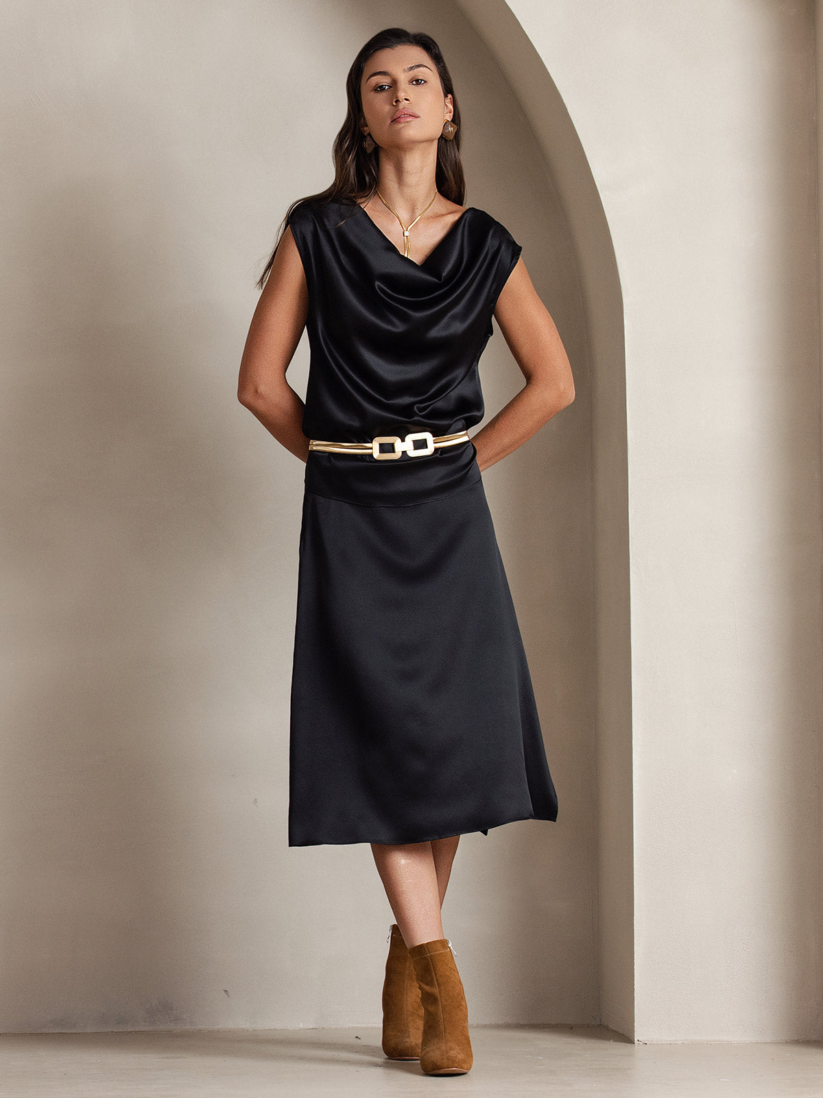 [Svart] SilkSilky-NO 19Momme Silke Cowl Neck T-skjorte for Kvinner 005