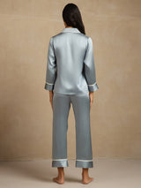 [Gråblå] SilkSilky-NO Long Sleeve Lapel Collar Pyjamas for Kvinner 002