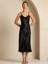 [Svart] SilkSilky-NO Spaghetti Strap V Neck Kjole 001