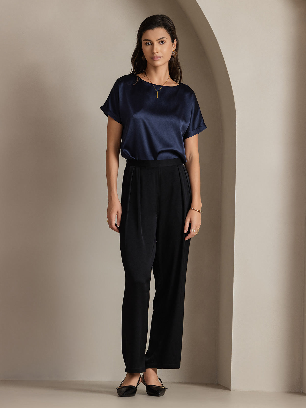 [Mørke blå] SilkSilky-NO 19Momme Silke Womens T-Shirt 005,
