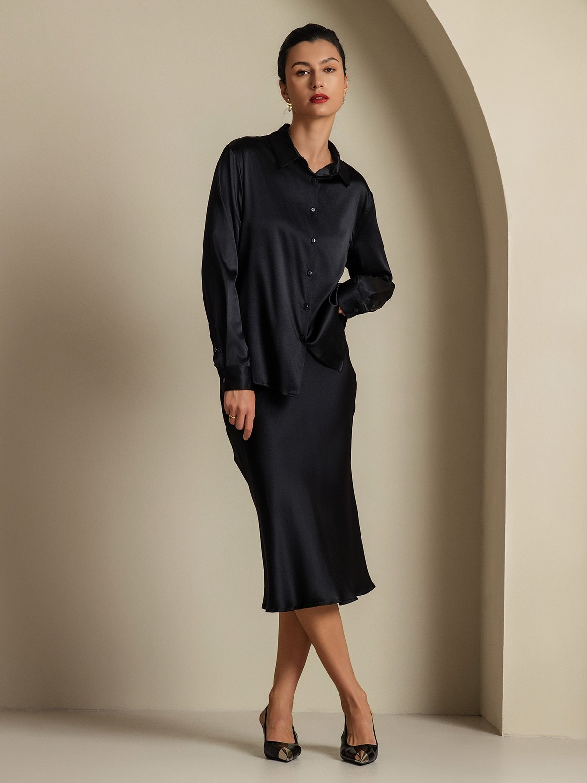 [Svart] SilkSilky-NO 19Momme Silke Womens Outfit Sets 001,