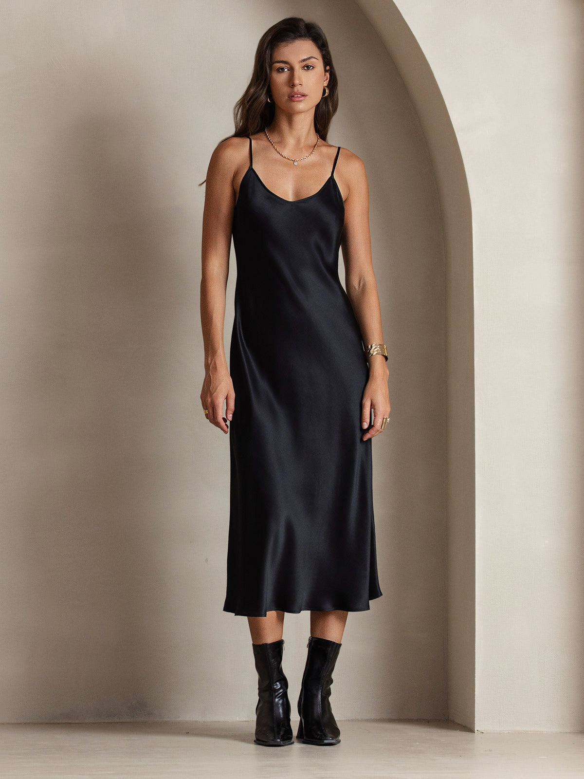 [Svart] SilkSilky-NO Pure Silk Sleeveless Round Neck Kjole 005