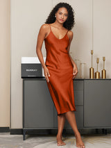 [Karamell] SilkSilky-NO Spaghetti Strap V Neck Kjole 004