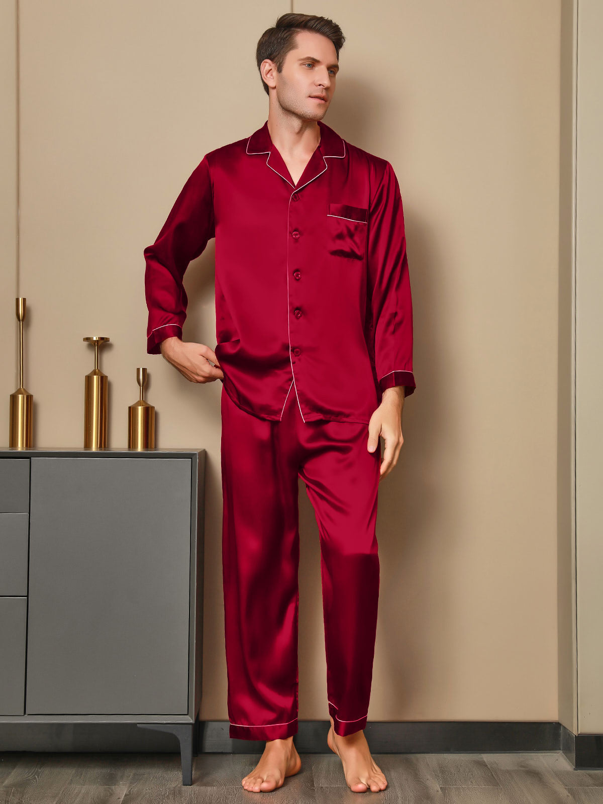[Rød] SilkSilky-NO 19Momme Mens Pajamas 003