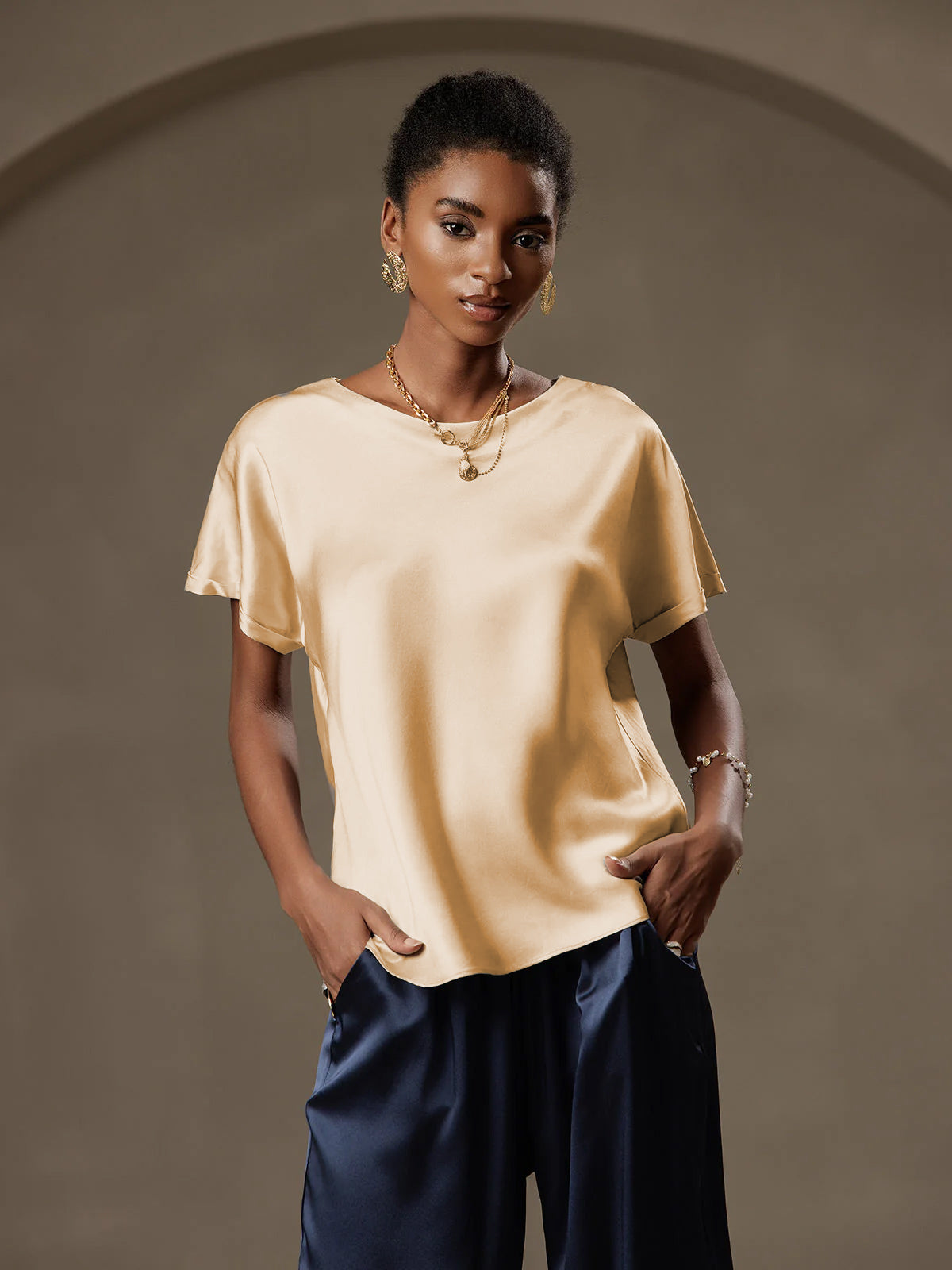 [Champagne] SilkSilky-NO 19Momme Silke Womens T-Shirt 001