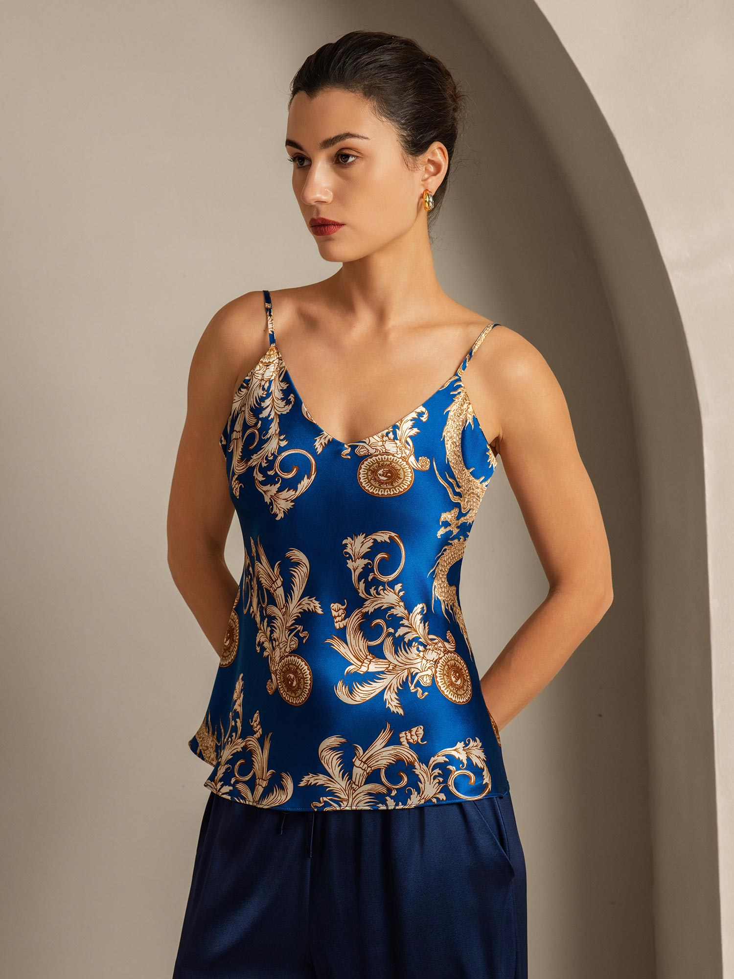 [Navy Drage] SilkSilky-NO V-Hals Camisole Topp 005