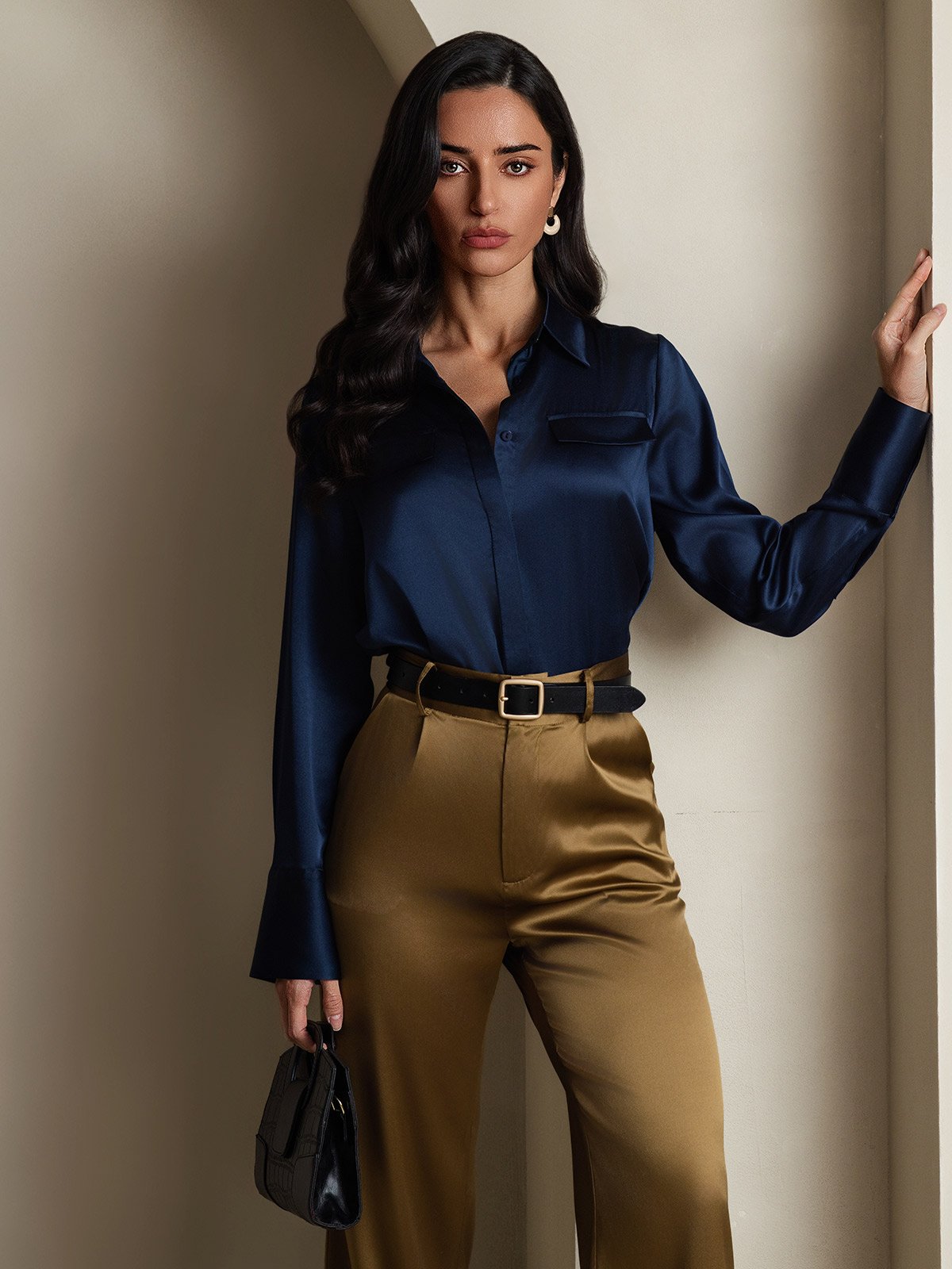 SilkSilky-NO 19Momme Silke Womens Shirt Mørkeblå 006
