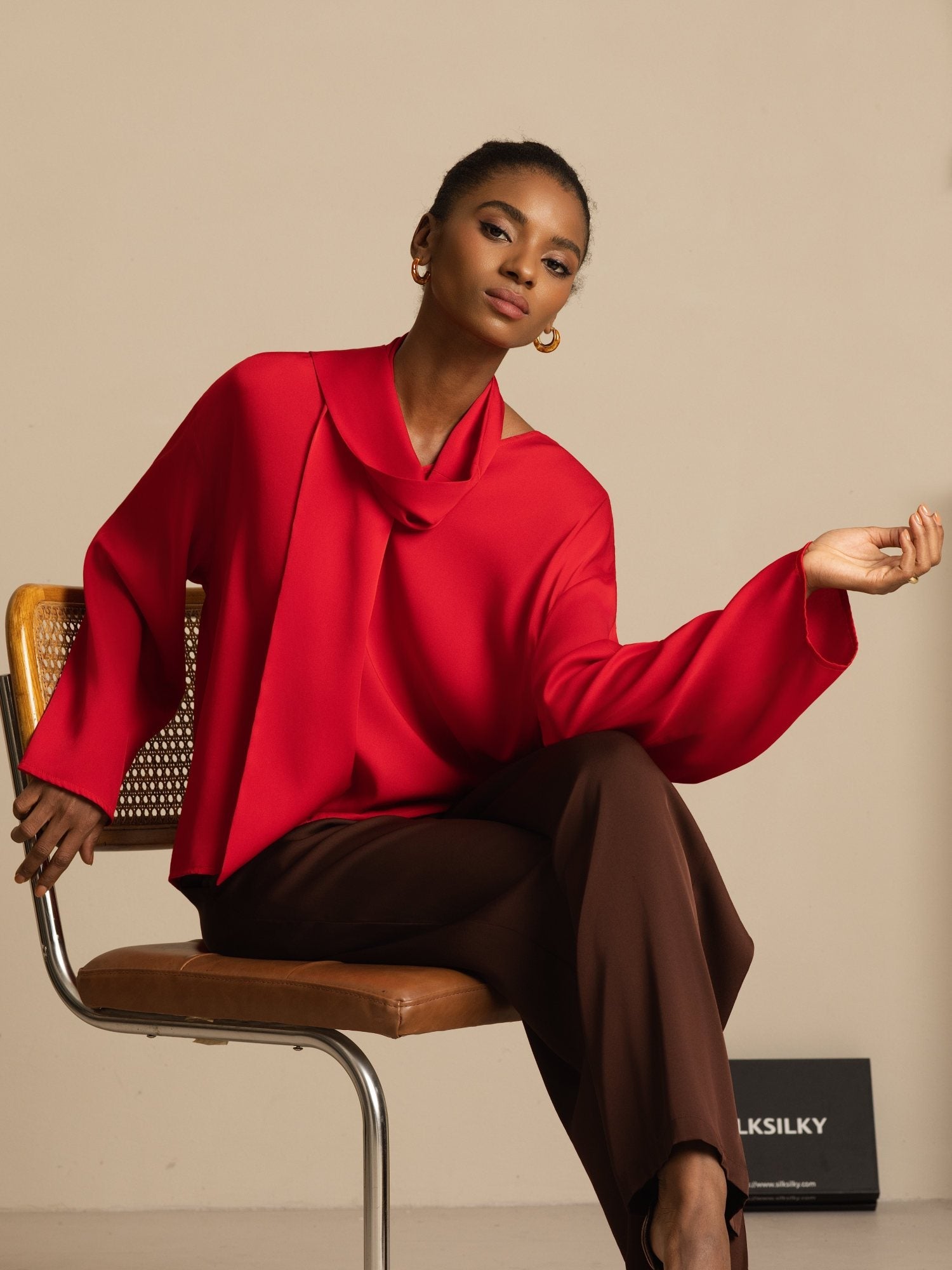 [Vin] SilkSilky-NO 19Momme Silke Langermet V Hals Bluse 005