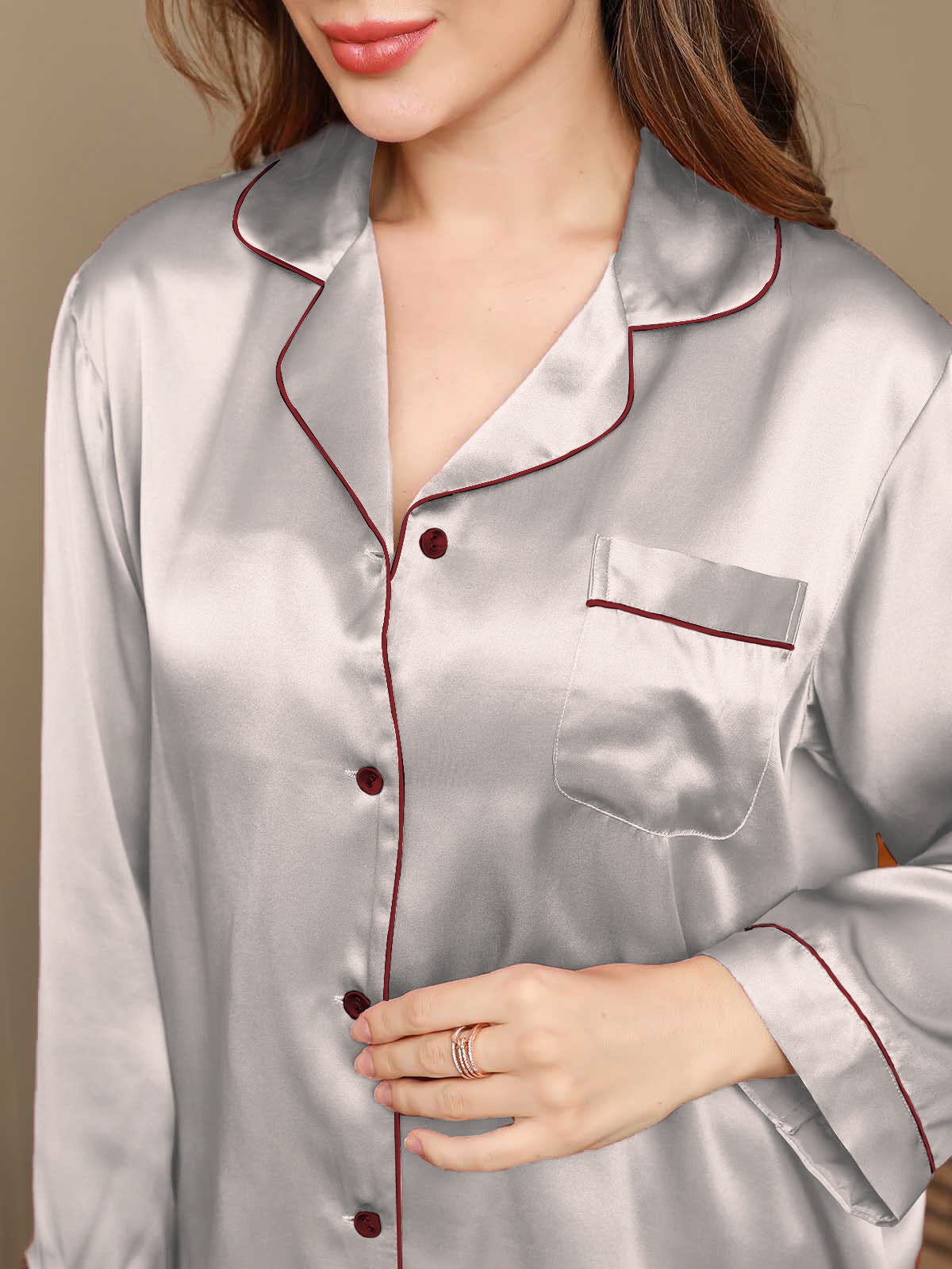 SilkSilky  Pure Silk Long Sleeve Lapel Women's Pajamas Silver 006