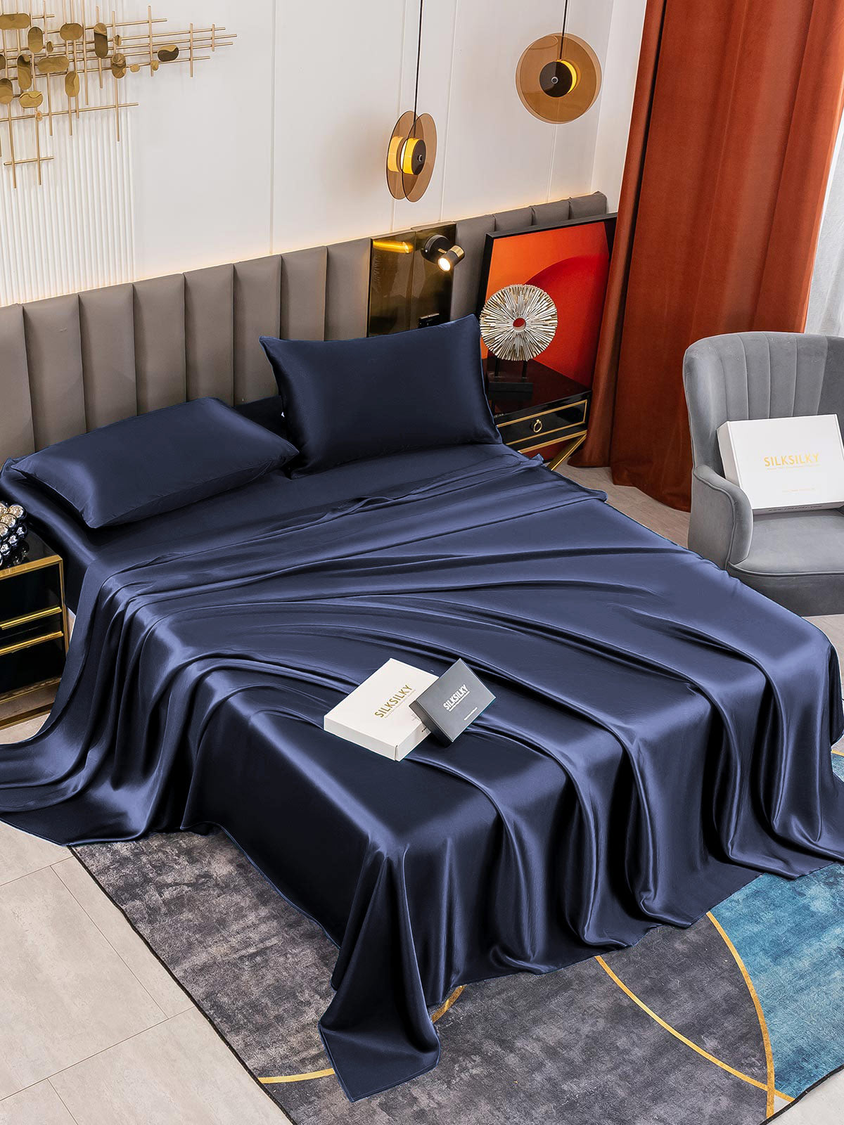 [Mørke blå] SilkSilky-NO 19Momme Pure Silk Bedding Set 001