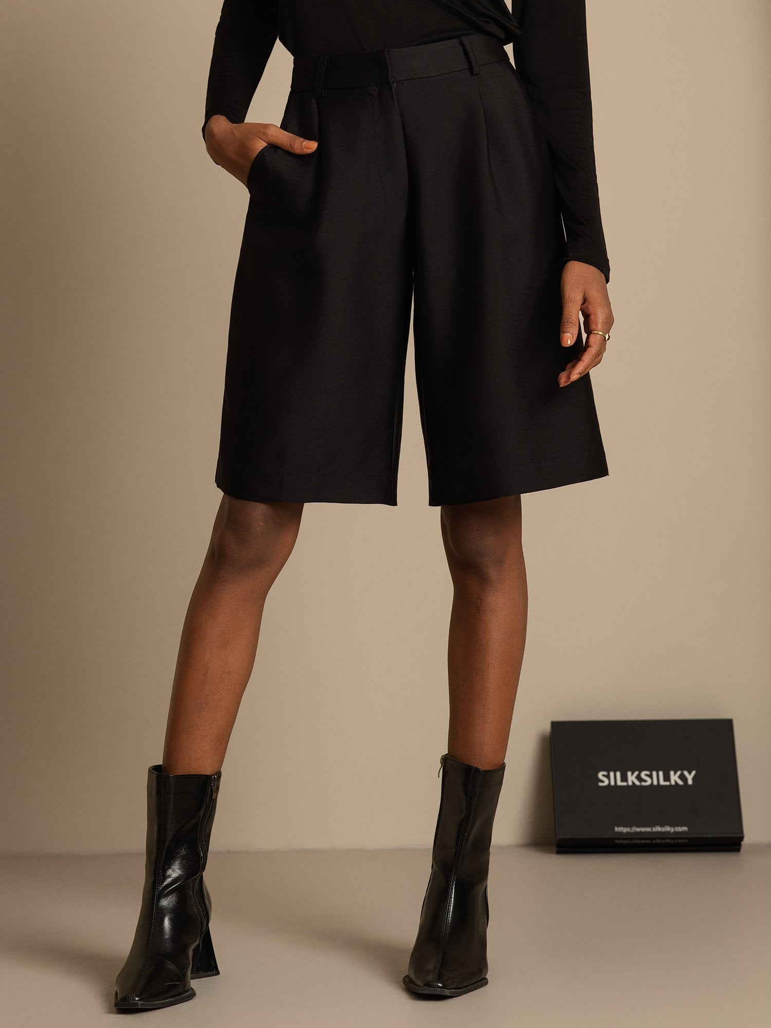 [Svart] SilkSilky-NO 32Momme Silk-Wool Blend Womens Shorts 003,