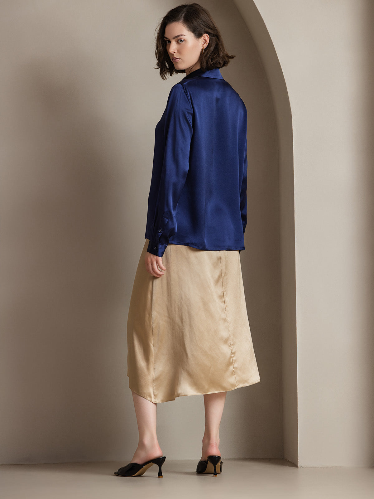 [Mørke blå] SilkSilky-NO 19Momme Silke Lapel Collar Skjorte for Kvinner 002