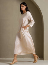 [Beige] SilkSilky-NO 3/4 Sleeve Round Neck Kjole 007