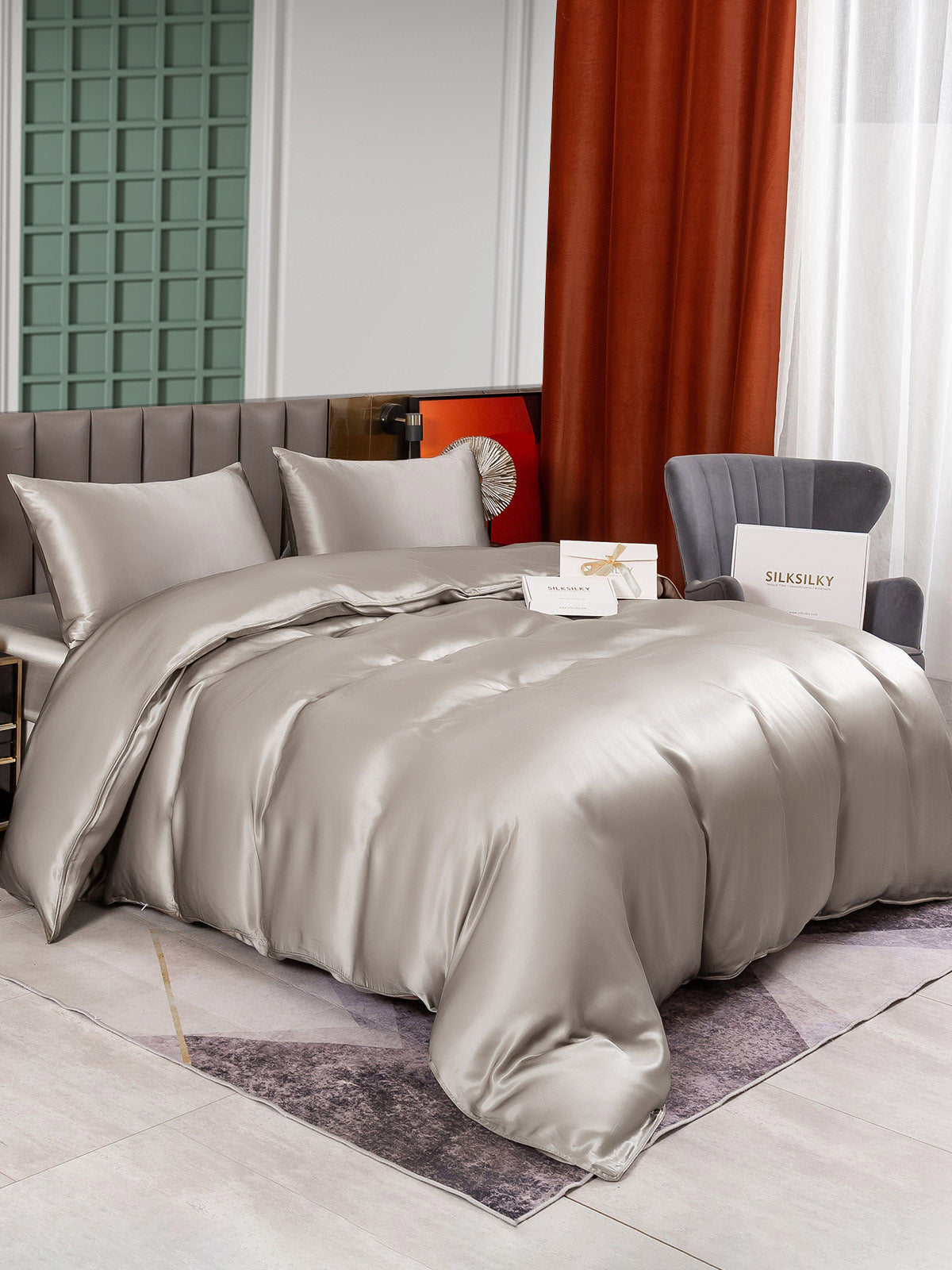 [Grå] SilkSilky-NO 25Momme Bedding Set 006