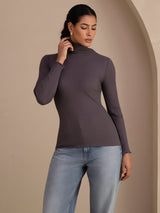 [Mørkegrå] SilkSilky-NO Long Sleeve Turtle Neck T-skjorte for Kvinner 003