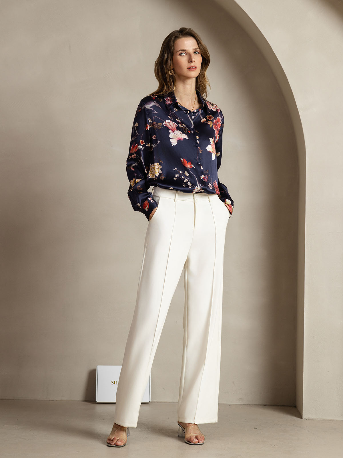[Marine Blomster] SilkSilky-NO Silke Lapel Collar Skjorte for Kvinner 003