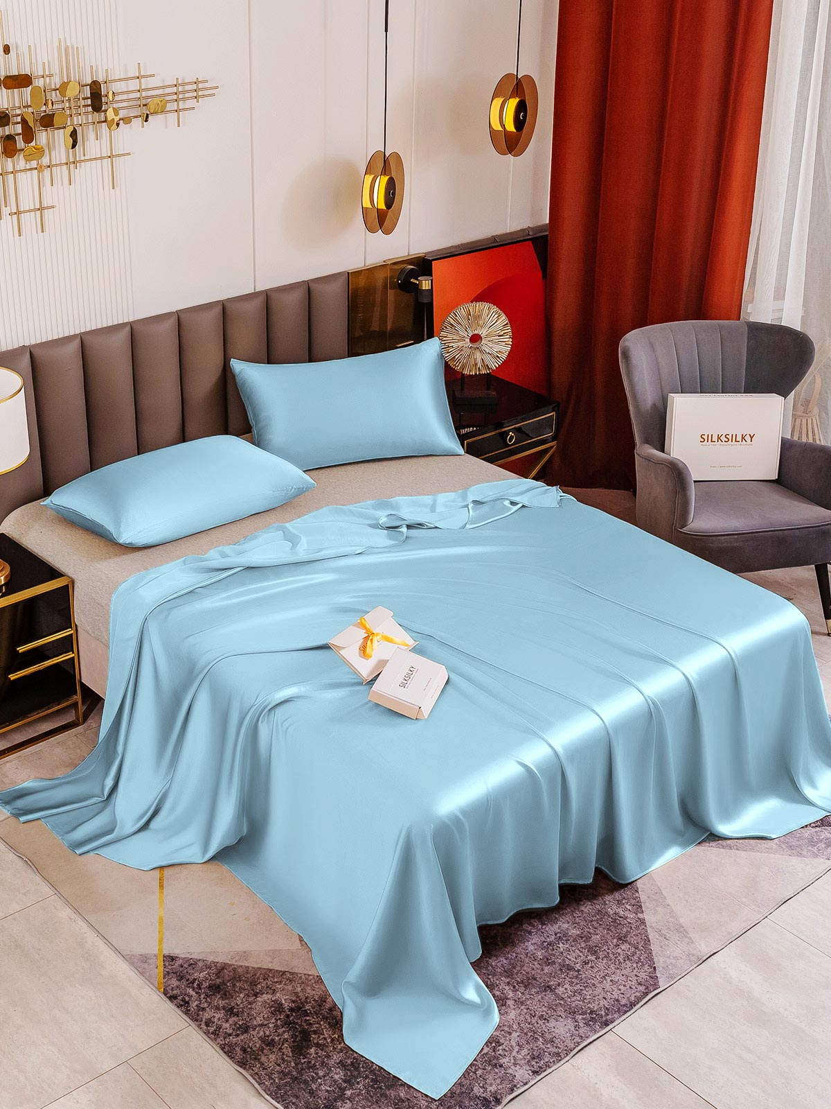 [Lyse Blå] SilkSilky-NO 19Momme Bedding Set 001