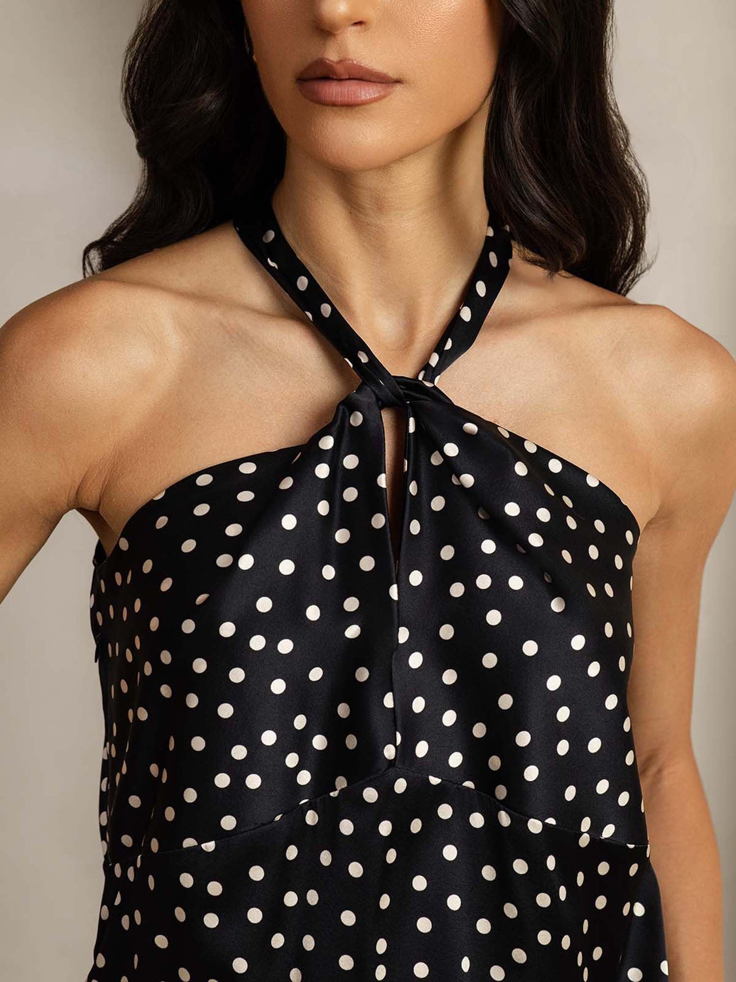 [Prikkete] SilkSilky-NO 19Momme Silke Halter Neck T-skjorte for Kvinner 005