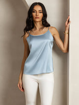 [Gråblå] SilkSilky-NO 19Momme Spaghetti Stropp Dyp Rund Halsutringning Camisole Topp 004