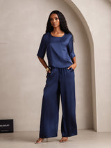 [Mørke blå] SilkSilky-NO Halv erme Round Neck Pyjamas for Kvinner 006