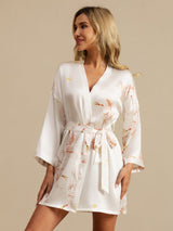 [Hvit] SilkSilky-NO 19Momme 3/4 erme Morgenkåpe for Kvinner 001