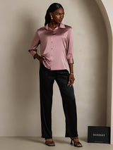 [Blek Mauve] SilkSilky-NO 3/4 Sleeve Lapel Collar Skjorte for Kvinner 006