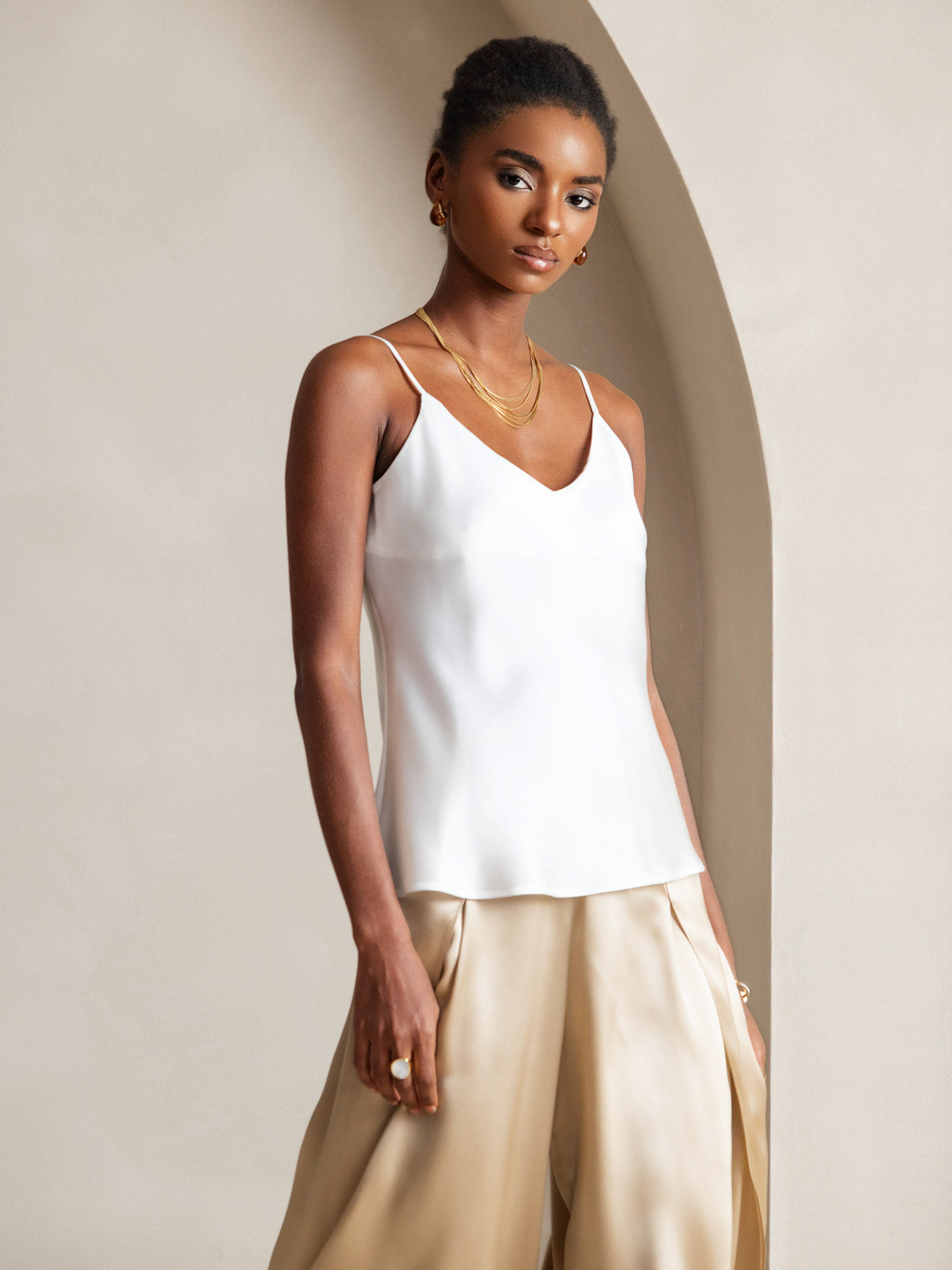 [Hvit] SilkSilky-NO V-Hals Camisole Topp 005