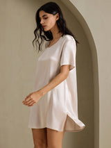 [Beige] SilkSilky-NO Half Sleeve V Neck Nattkjole 001