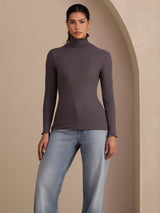 [Mørkegrå] SilkSilky-NO Long Sleeve Turtle Neck T-skjorte for Kvinner 004