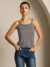 [Svart Stripe] SilkSilky-NO Square Neck Camisole Topp 006