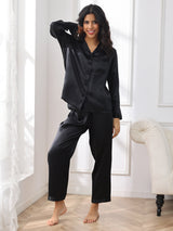 [Svart] SilkSilky-NO Long Sleeve Lapel Collar Pyjamas for Kvinner 005