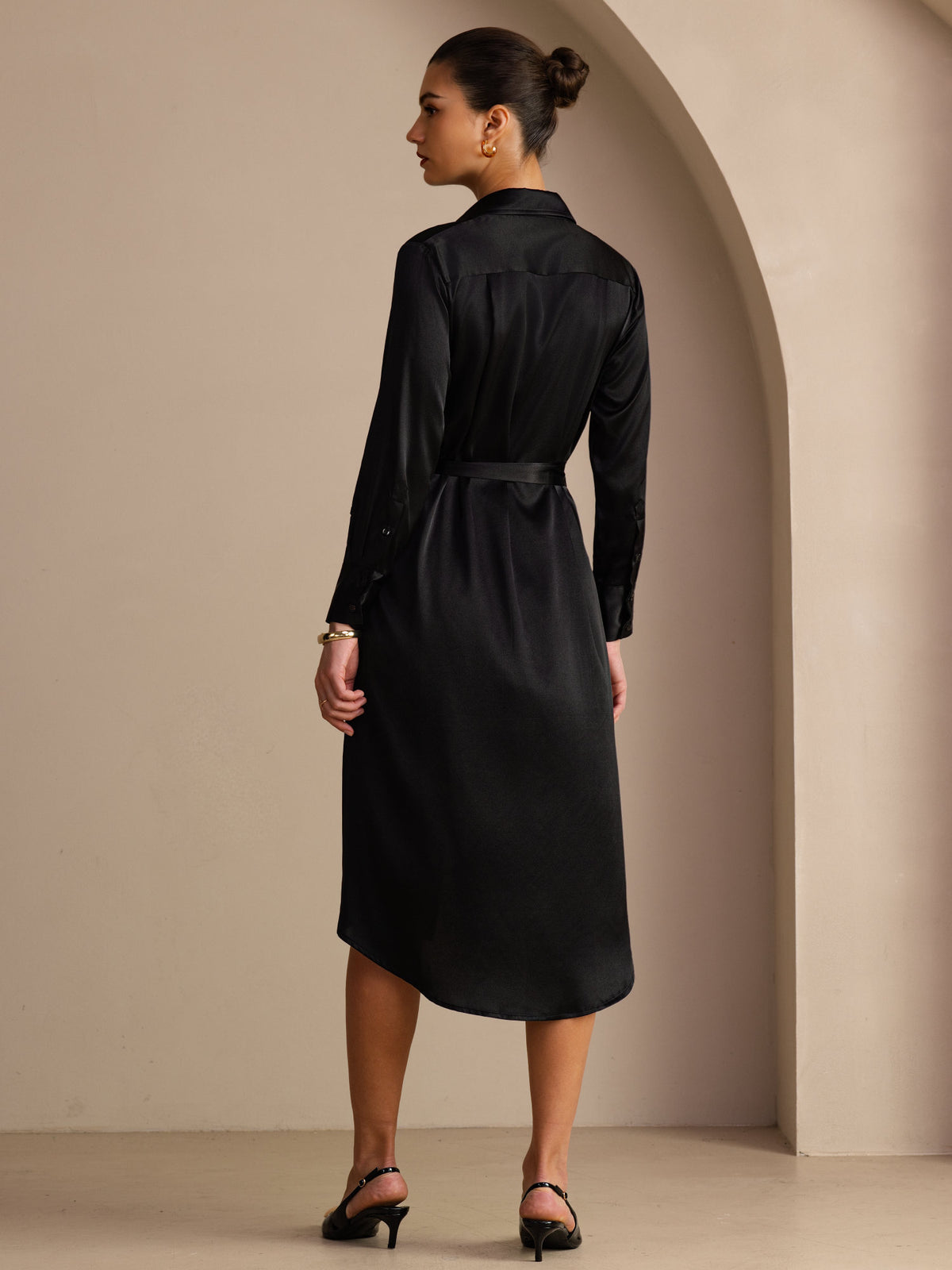 [Svart] SilkSilky-NO Long Sleeve Lapel Collar Kjole 002