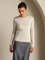 [Grå] SilkSilky-NO Long Sleeve Crew Neck T-skjorte for Kvinner 011