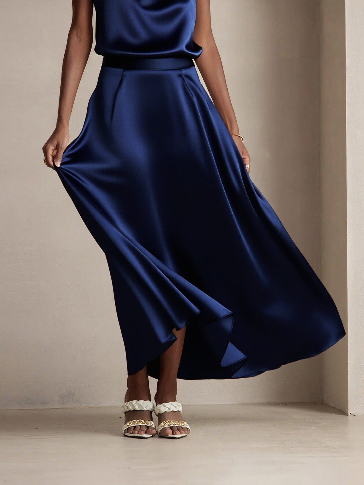 [Mørke blå] SilkSilky-NO 19Momme Silke Skirt 005