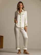 [Hvit] SilkSilky-NO Long Sleeve Lapel Collar Pyjamas for Kvinner 007