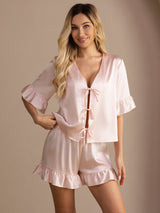[Rosa] SilkSilky-NO Short Sleeve V Neck Pyjamas for Kvinner 001