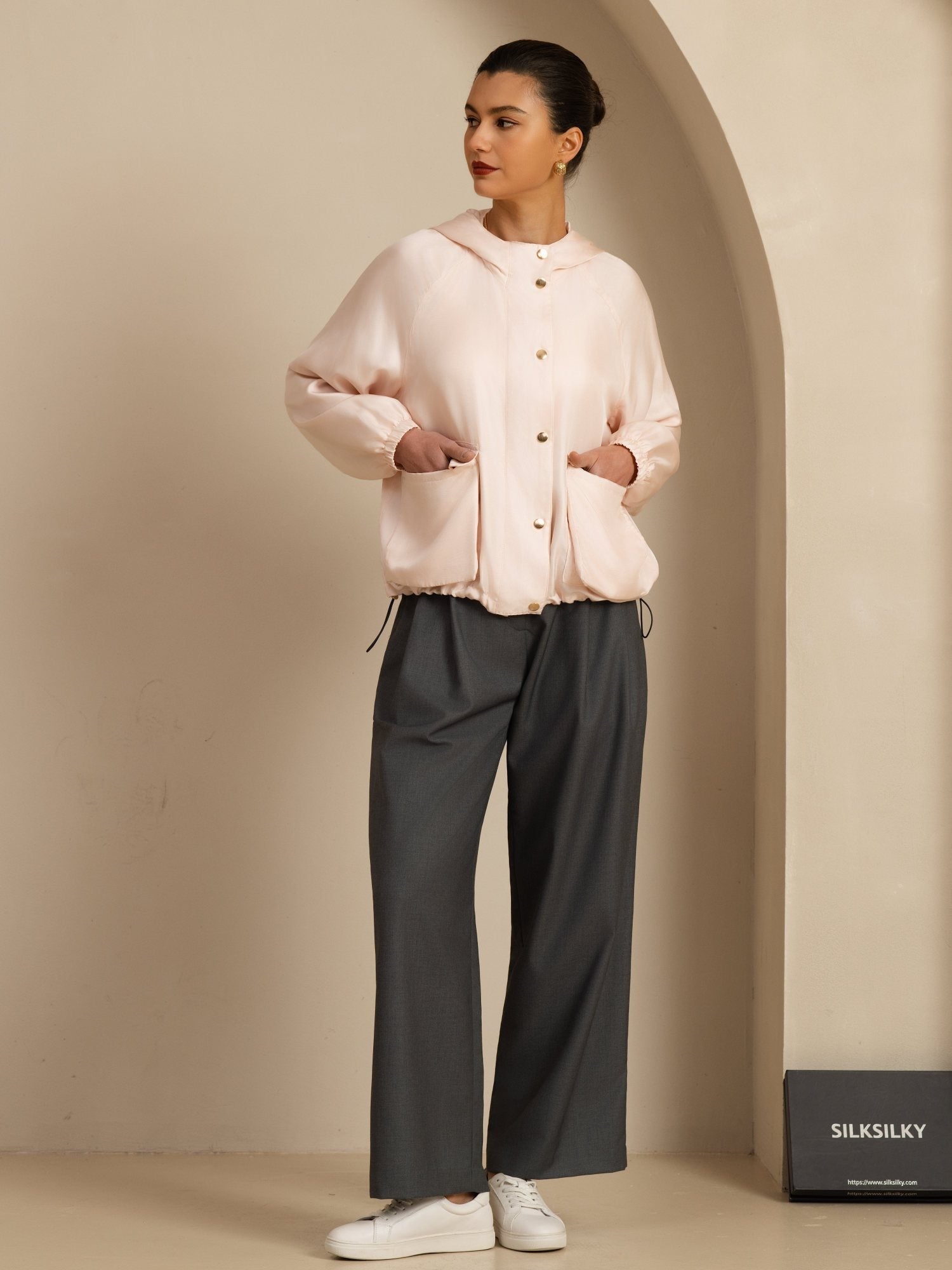 [Rosa] SilkSilky-NO Langermet Høy Hals Yttertøy for Kvinner 007