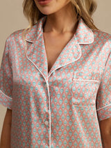 [Rosa Hjerte Geo] SilkSilky-NO Short Sleeve Lapel Collar Pyjamas for Kvinner 004