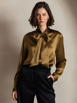 [Brun] SilkSilky-NO Long Sleeve Tie Neck Damebluser 006
