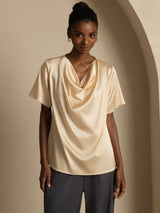 [Champagne] SilkSilky-NO Short Sleeve Cowl Neck Damebluser 001