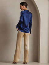 [Mørke blå] SilkSilky-NO Long Sleeve Lapel Collar Skjorte for Kvinner 002