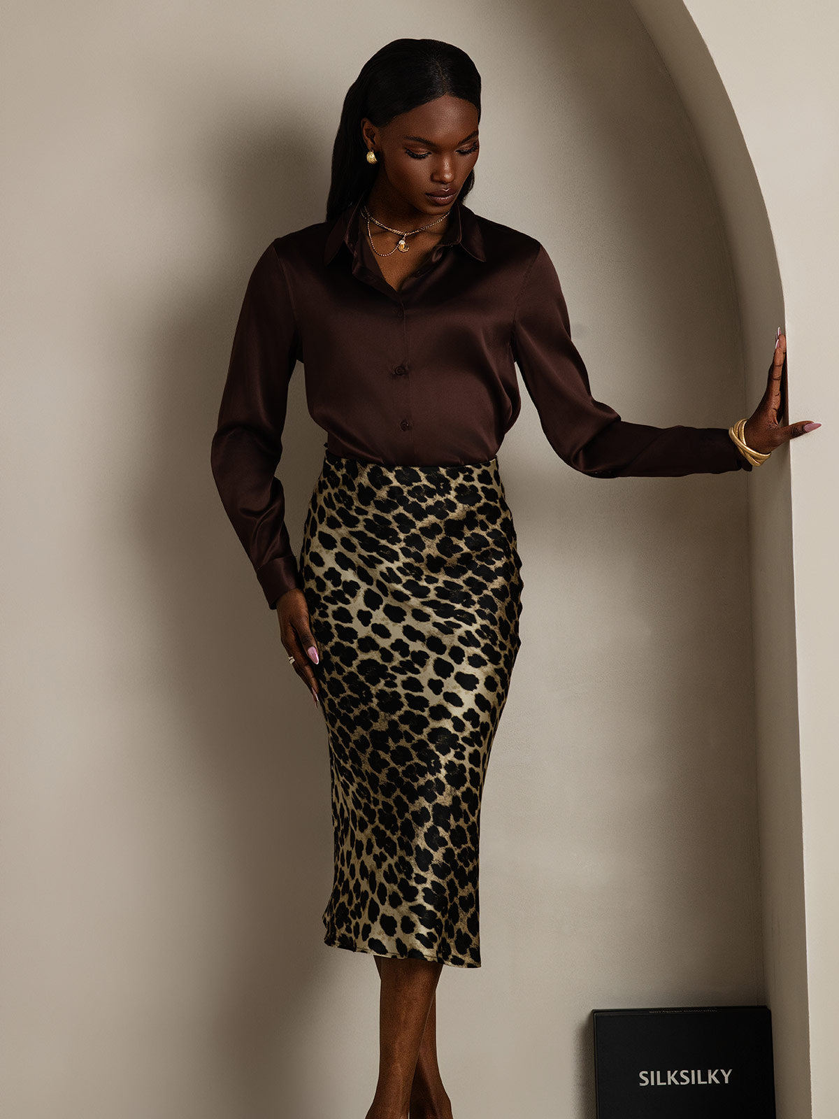 [Brun] SilkSilky-NO Silke Long Sleeve Collar Skjorte for Kvinner 006