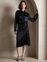 [Svart] SilkSilky-NO Long Sleeve Tie Neck Damebluser 006