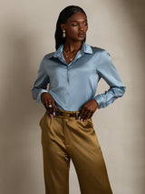 [Gråblå] SilkSilky-NO Long Sleeve Lapel Collar Skjorte for Kvinner 004