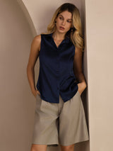 [Mørke blå] SilkSilky-NO Sleeveless Lapel Collar Skjorte for Kvinner 006
