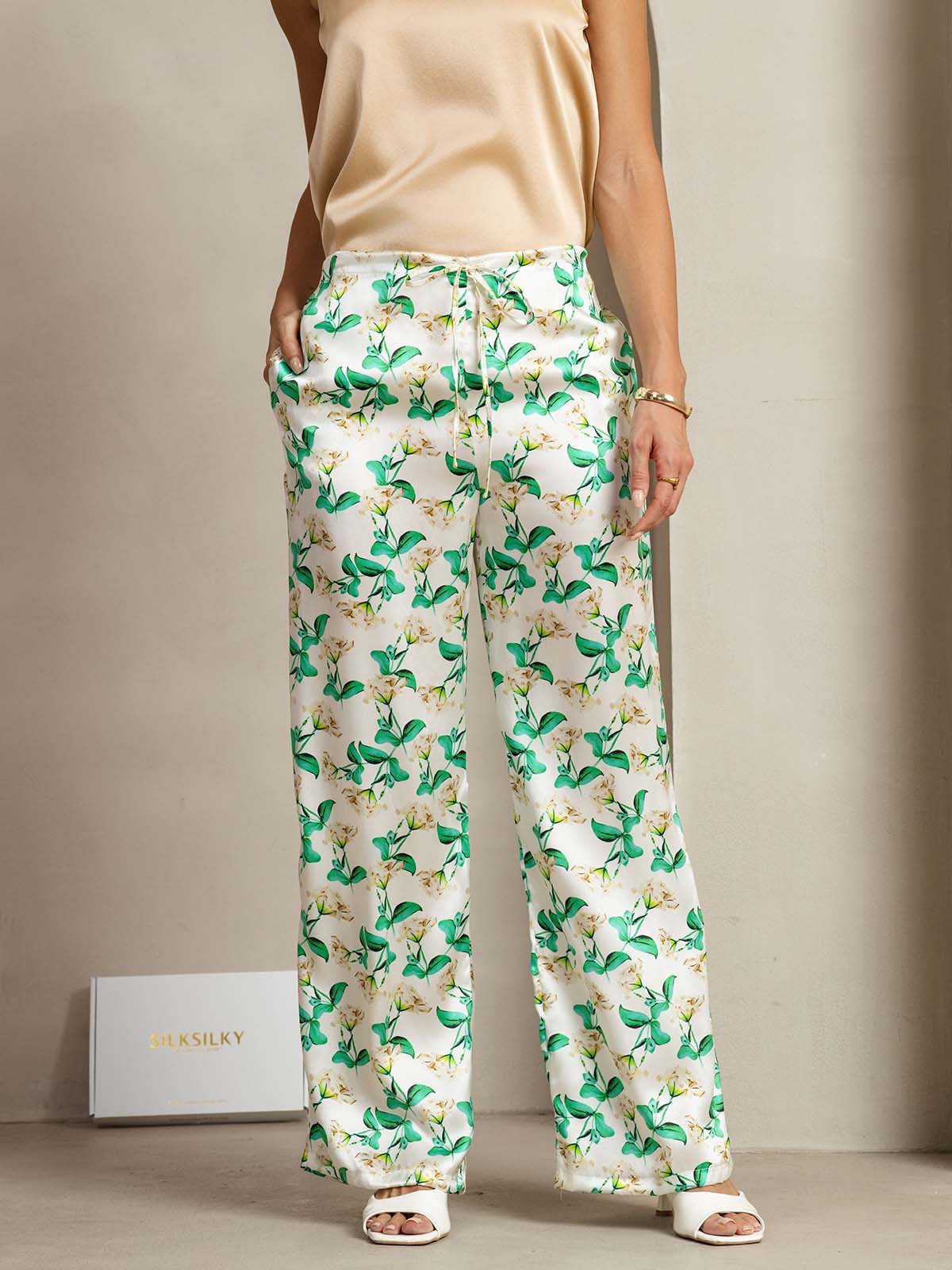 [Grønn Blomster] SilkSilky-NO 19Momme Silke Womens Pants 003