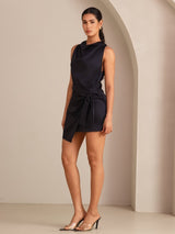 [Svart] SilkSilky-NO Sleeveless Cowl Neck Kjole 006