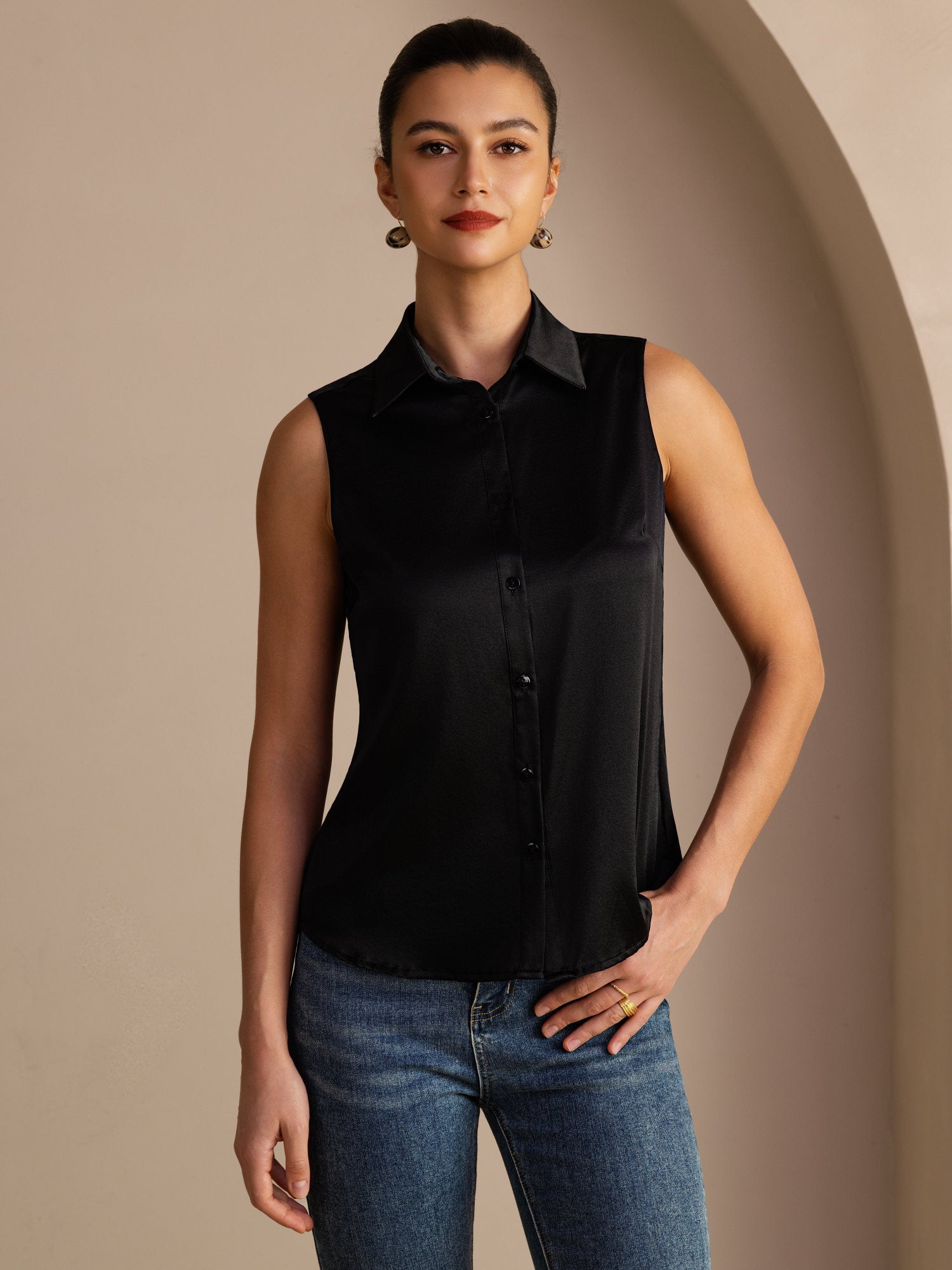 [Svart] SilkSilky-NO Sleeveless Lapel Collar Skjorte for Kvinner 001