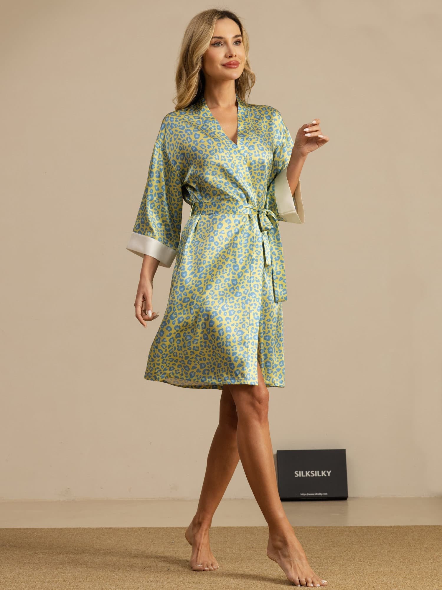 [GrønnLeopard] SilkSilky-NO 3/4 erme V Hals Morgenkåpe for Kvinner 007
